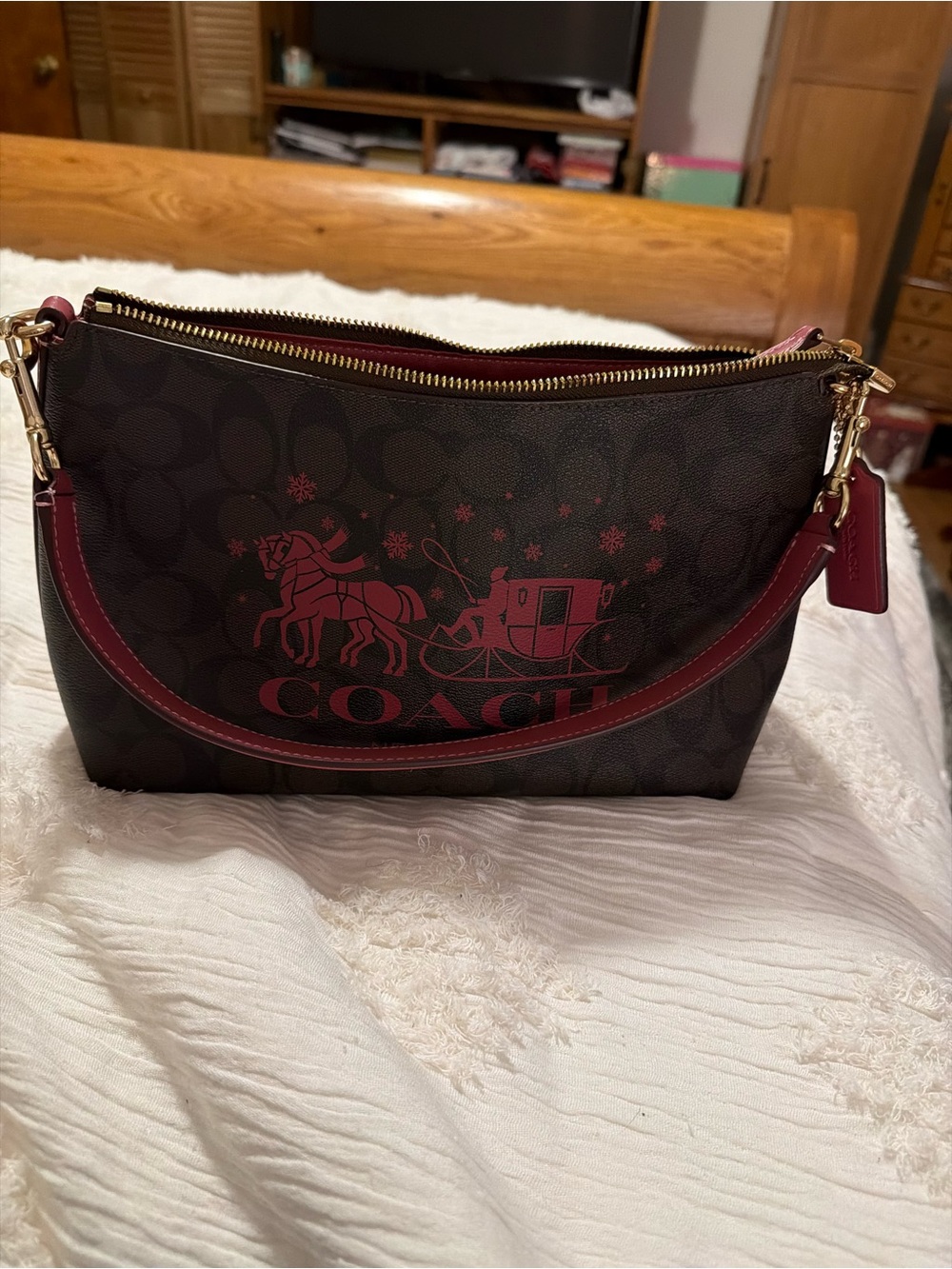 NWOT: Coach Brown Signature Shoulder Bag with Burgundy Logo Accents